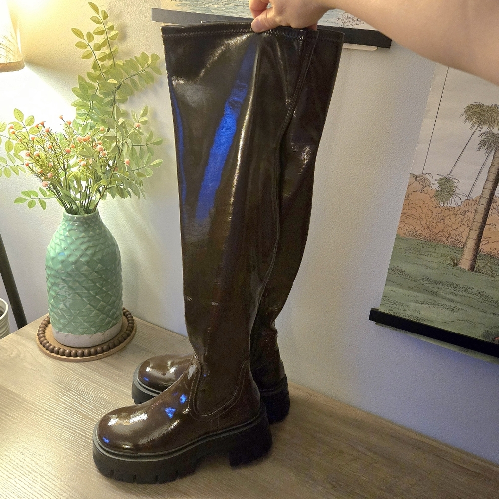 Call It Spring Thigh High Brown Vegan Leather Chunky Boots